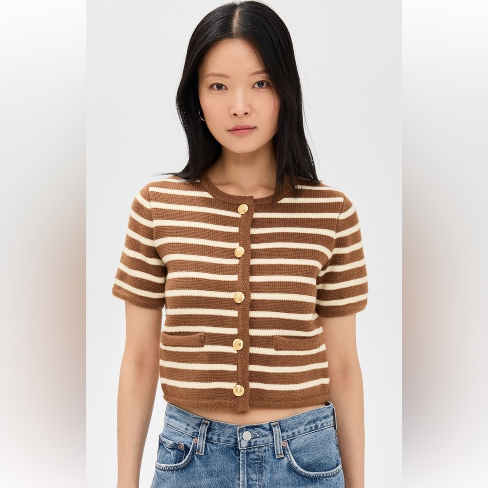 English Factory Brown and Cream Striped Short-Sleeve Cardigan